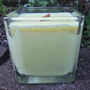 Citronella Lemongrass Soy Candle Wood Wick Essential Oil Upcycled Reusable Square Clear Glass Container image 4