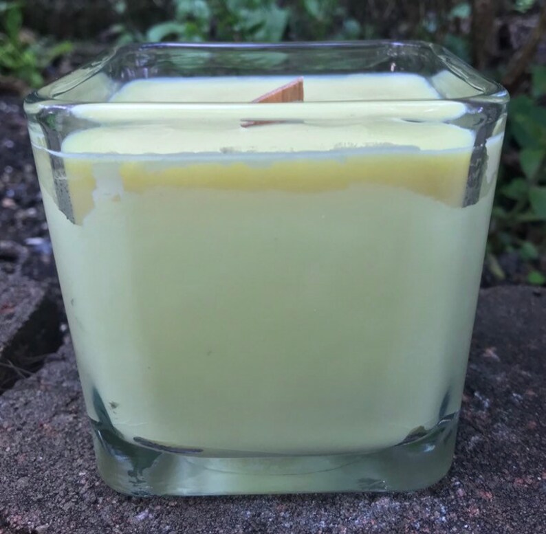 Citronella Lemongrass Soy Candle Wood Wick Essential Oil Upcycled Reusable Square Clear Glass Container image 4