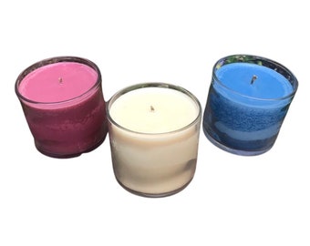 Soy Candles Handmade USA Made Red White and Blue Upcycled Reusable Clear Round Glass Organic Hemp Wicks