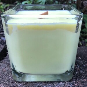 Citronella Lemongrass Soy Candle Wood Wick Essential Oil Upcycled Reusable Square Clear Glass Container image 7