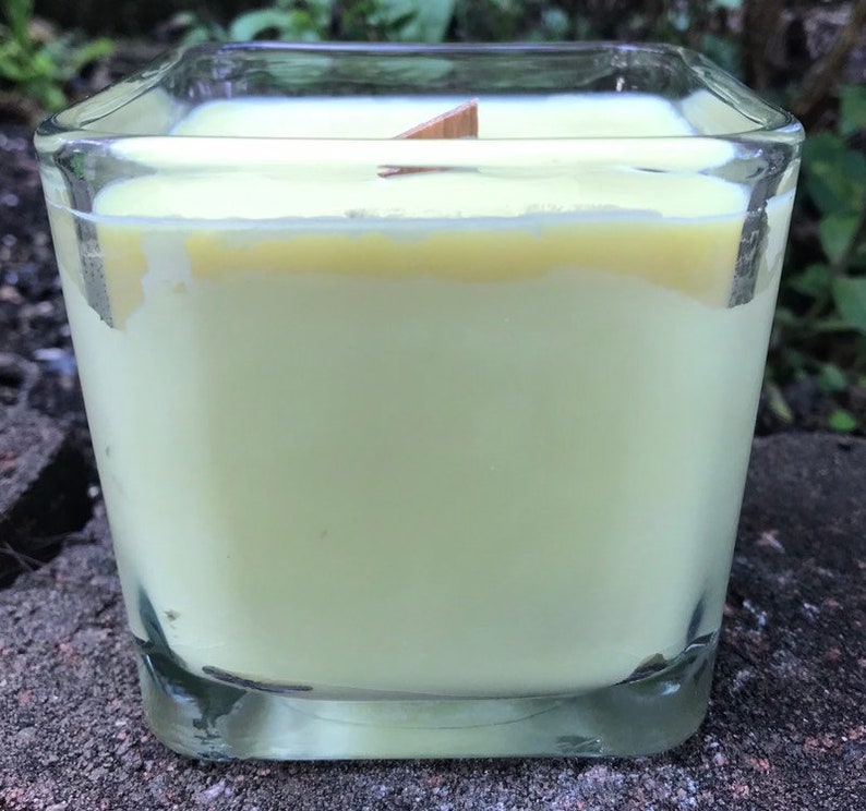 Citronella Lemongrass Soy Candle Wood Wick Essential Oil Upcycled Reusable Square Clear Glass Container image 7