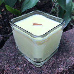 Citronella Lemongrass Soy Candle Wood Wick Essential Oil Upcycled Reusable Square Clear Glass Container image 2