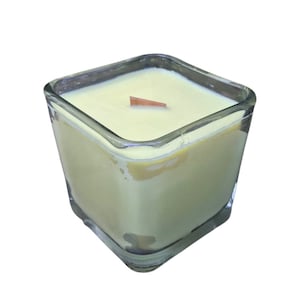 Citronella Lemongrass Soy Candle Wood Wick Essential Oil Upcycled Reusable Square Clear Glass Container image 1