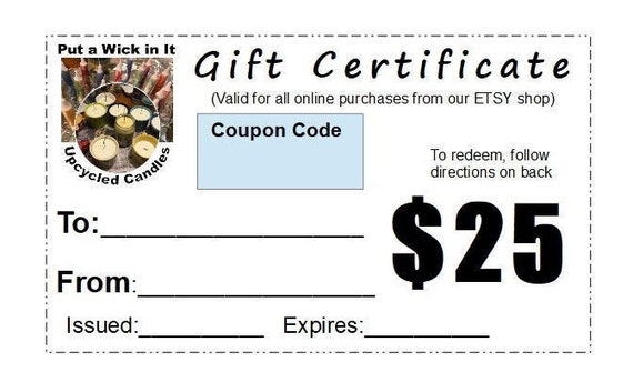 Gift Certificate Put a Wick in It Candles 25 Dollars - Etsy