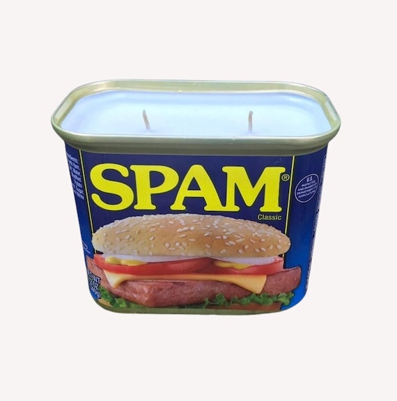 A handmade soy candle poured directly into an upcycled SPAM tin — 2,360 favorites don't lie, this is clever, sustainable, and instantly funny.