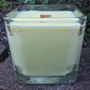 Citronella Lemongrass Soy Candle Wood Wick Essential Oil Upcycled Reusable Square Clear Glass Container image 6