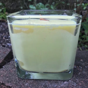 Citronella Lemongrass Soy Candle Wood Wick Essential Oil Upcycled Reusable Square Clear Glass Container image 3