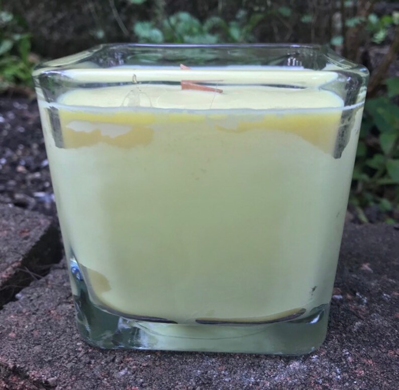 Citronella Lemongrass Soy Candle Wood Wick Essential Oil Upcycled Reusable Square Clear Glass Container image 3