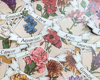 Zodiac Holographic Stickers | Astrology | Flowers