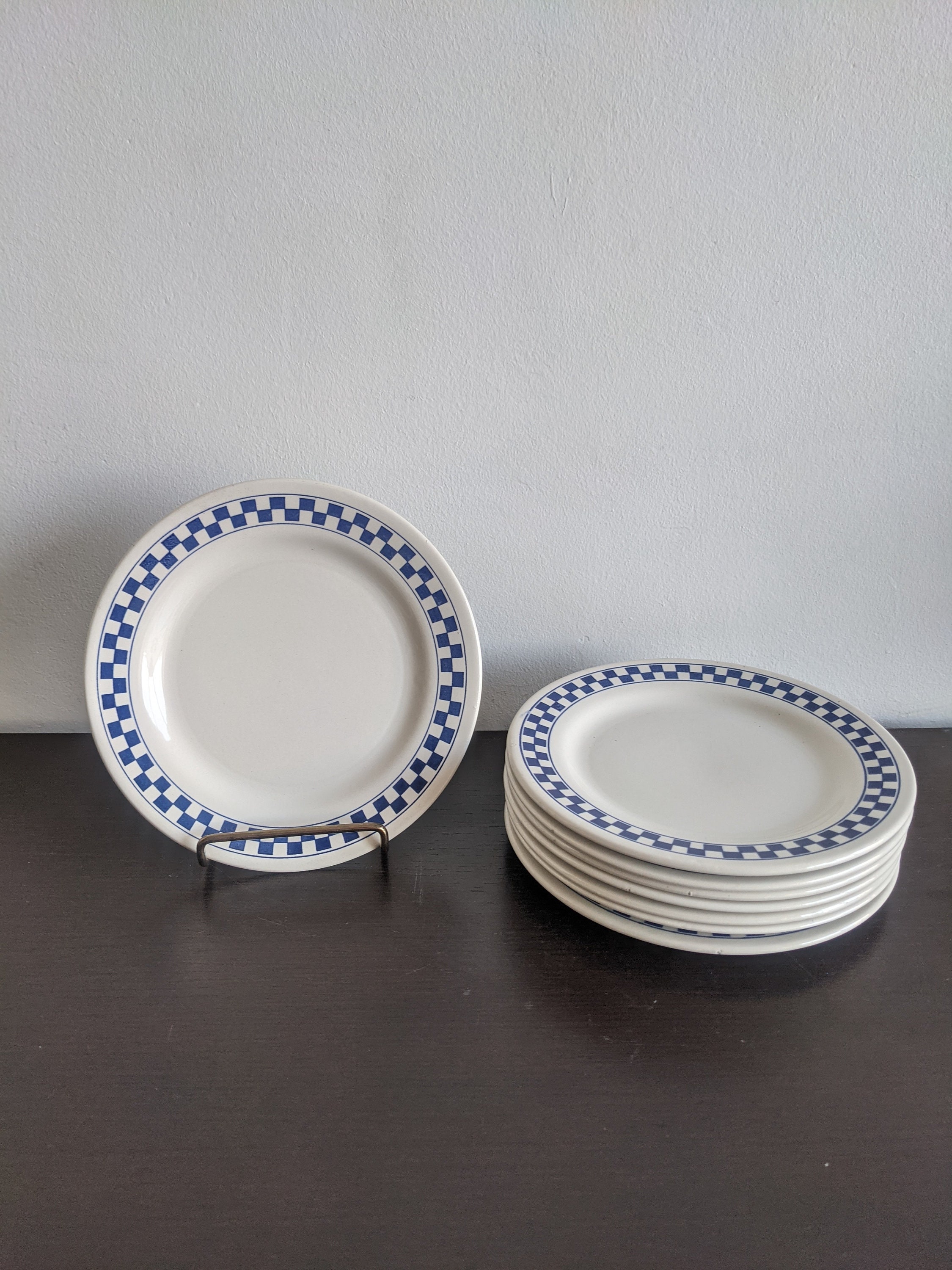 Collector Art Déco Lot 8 Assiettes à Dessert Vintage en Céramique Oxford Brazil Damier Bleu