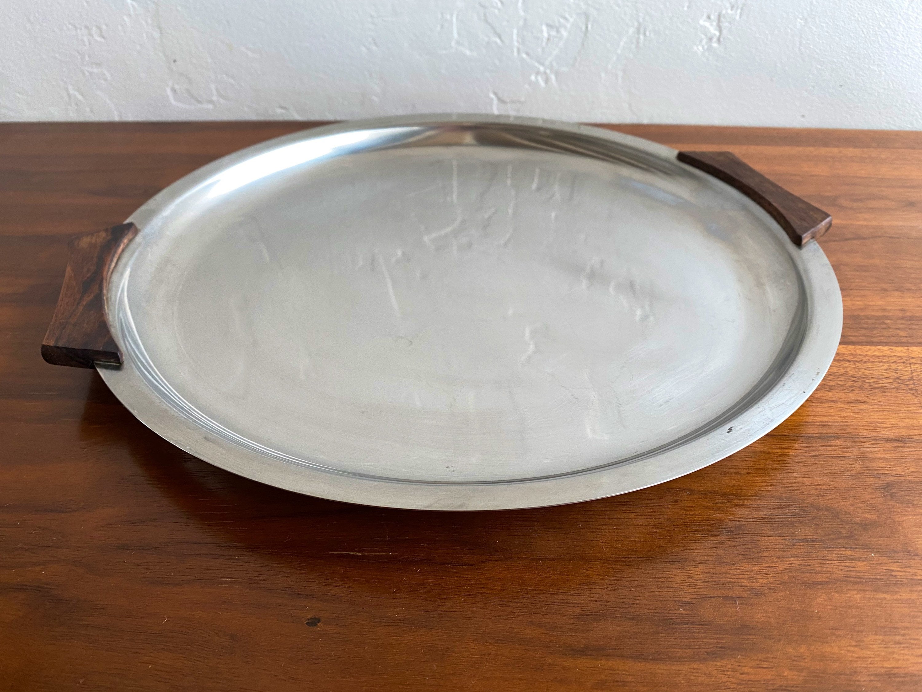 Vintage Chrome Kromex Serving Tray with Wood Handles Dining & Serving