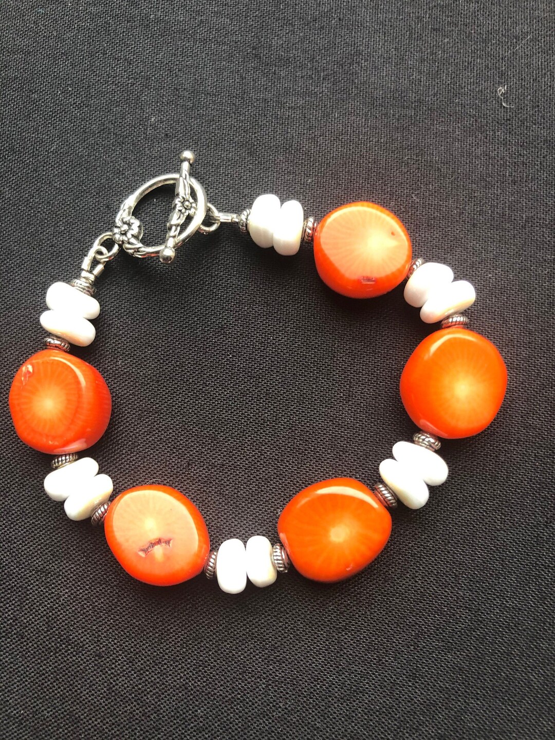 Orange Coral Beads With Shimmery Czech Glass Beaded Handmade Bracelet
