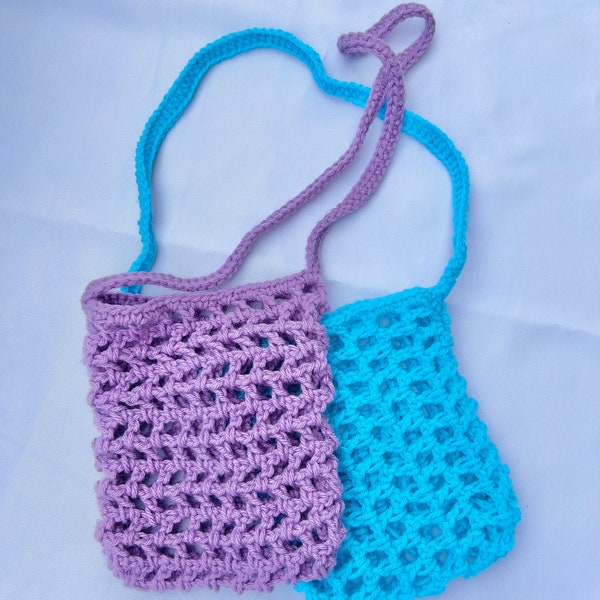 Crochet Mesh Shoulder Bag, Crochet Mesh Crossbody Bag, Mesh Essentials Purse/Bag, Purple Mesh Pocket Bag, Turquoise Mesh Crochet Crossbody