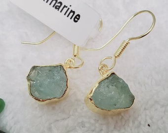 Genuine Aquamarine Earring, Aquamarine Earring, Raw Stone Earring, Dangle Earring, Brass Gold Plated Earring, For Her, Christmas Gift,CL1215
