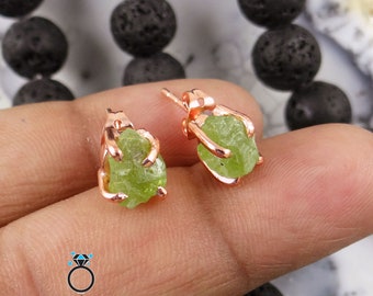 Raw Peridot Stud Earrings, 18k Rose Gold Plated Brass, Handmade