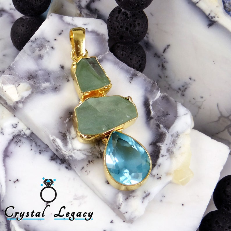 Three Stone Pendant Raw Fluorite Pendant Made to order Pendant 18k Gold Plated Brass Pendant Statement Pendant Blue Hydro Pendant