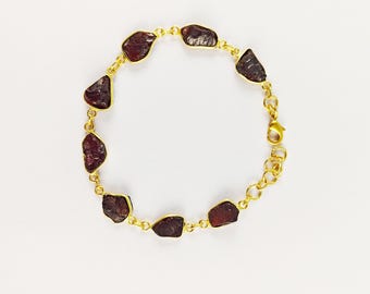 Garnet Rough Bracelet, Raw Garnet Bracelet, Women Bracelet, Brass With Gold Plated Jewelry, Bezel Bracelet, For Her, CG618