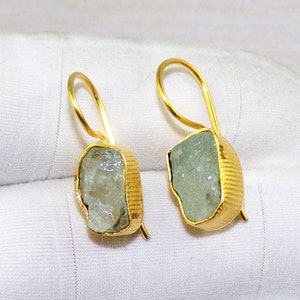 Raw Stone Earrings, Natural Gemstone Earrings, Blue Aquamarine Earrings, Brass Earrings, Designer Earrings, Gold Plated Jewelry, CD71806
