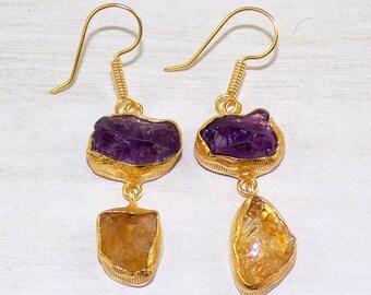Natural Amethyst Earring, Brass Earrings, Yellow Citrine Earrings, Gemstone Earrings, Gold Plated Earrings, Birthstone Jewelry, CD71122