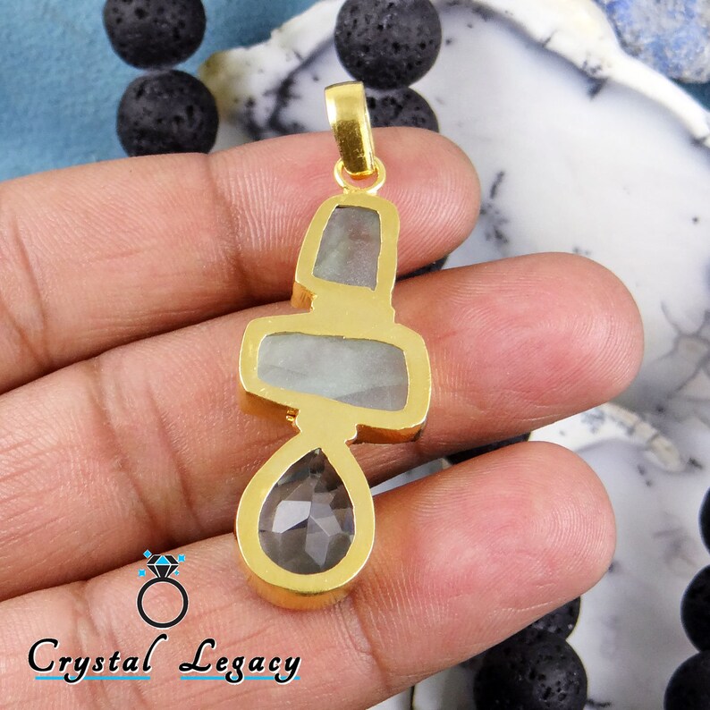 Three Stone Pendant Raw Fluorite Pendant Made to order Pendant 18k Gold Plated Brass Pendant Statement Pendant Blue Hydro Pendant