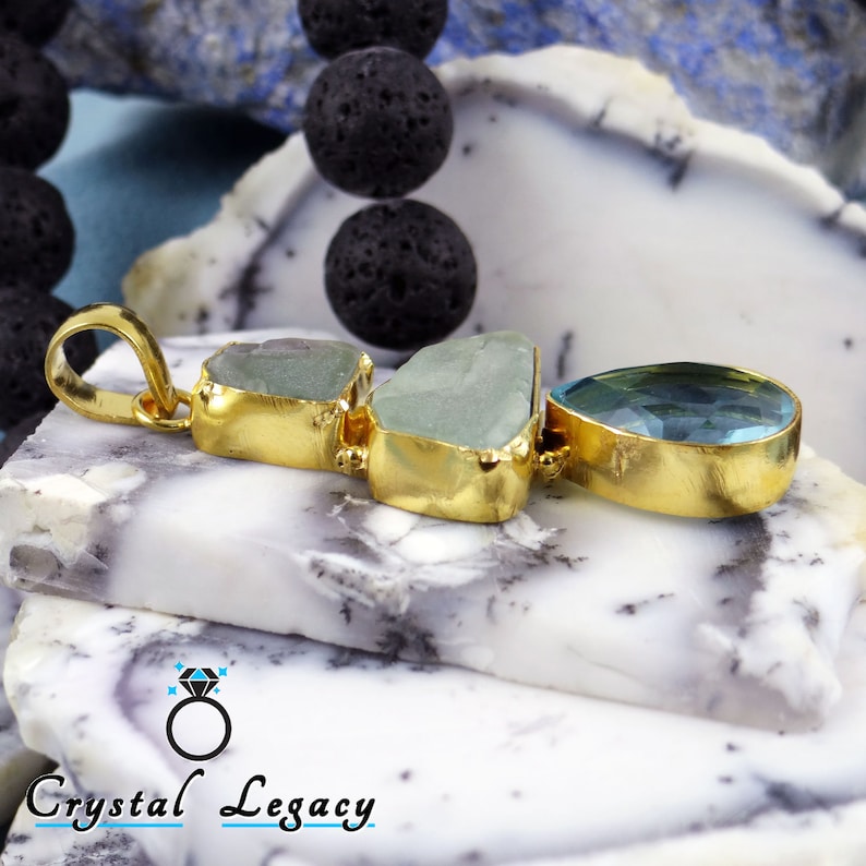Three Stone Pendant Raw Fluorite Pendant Made to order Pendant 18k Gold Plated Brass Pendant Statement Pendant Blue Hydro Pendant