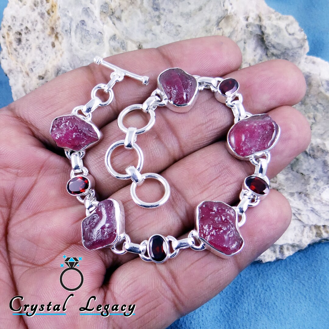 925 Solid Silver Bracelet, Natural Raw Ruby Bracelet, July Birthstone