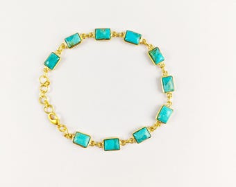 VVV Blue Turquoise Bracelet, Natural Turquoise Bracelet, Women Bracelet, Brass With Gold Plated Jewelry, Bezel Bracelet, For Her, CH706