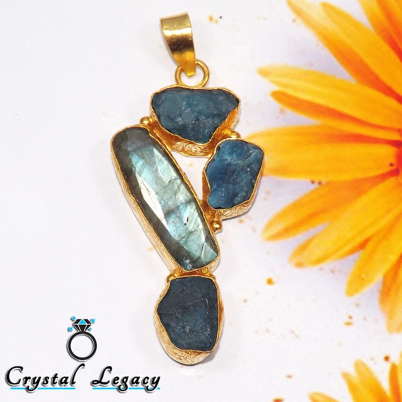 Blue Stone Pendant Apatite Rough Pendant Labradorite Pendant Blue Fire Stone Pendant Lenght-3inch RR Multi Stone Pendant Brass Pendant