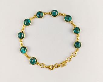 UUU Copper Turquoise Bracelet, Natural Turquoise Bracelet, Women Bracelet, Brass With Gold Plated Jewelry, Bezel Bracelet, For Her, CG625