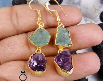 Raw Amethyst Fluorite Earring, Brass Earring, Dangle Earring, 18k Gold Plated Earring, Ear Wire Earring, Raw Gemstone Jewelry, Sale, KK092