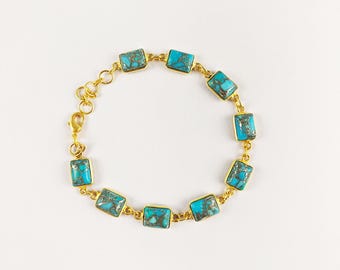 UUU Copper Turquoise Bracelet, Natural Turquoise Bracelet, Women Bracelet, Brass With Gold Plated Jewelry, Bezel Bracelet, For Her, CH707