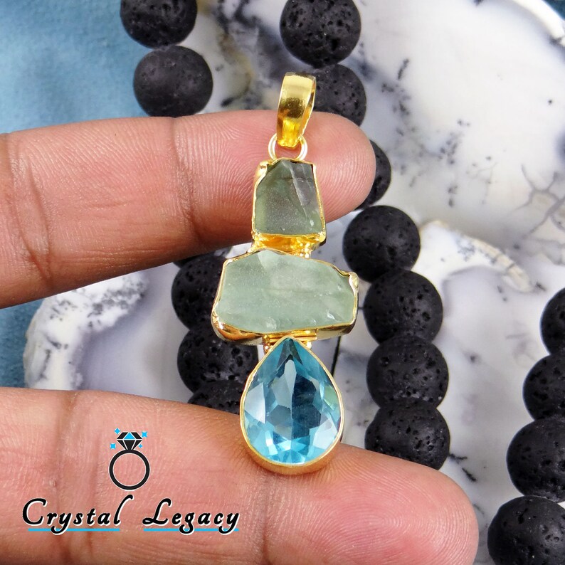 Three Stone Pendant Raw Fluorite Pendant Made to order Pendant 18k Gold Plated Brass Pendant Statement Pendant Blue Hydro Pendant