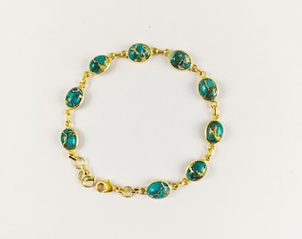 UUU Copper Turquoise Bracelet, Natural Turquoise Bracelet, Women Bracelet, Brass With Gold Plated Jewelry, Bezel Bracelet, For Her, CH701