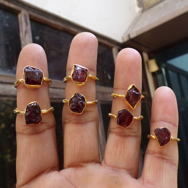 Rough Garnet Ring, Raw Garnet Ring, Brass Ring, Gold Plated Ring Ring, Tiny Ring, For Her, Chunky Boho Ring, Christmas Gift, Rings, C120704