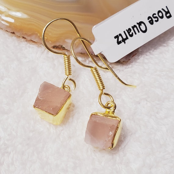 Raw Rose Quartz Earrings: 18k Gold Plated Brass Ear Wire - Etsy display picture 1