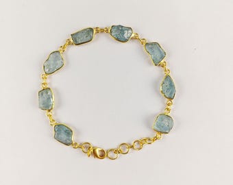 Aquamarine Rough Bracelet, Raw Aquamarine Bracelet, Women Bracelet, Brass With Gold Plated Jewelry, Bezel Bracelet, For Her, CG621