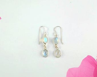 Blue Flashy Rainbow Moonstone Earrings in 925 Sterling Silver, June Birthstone Jewelry, Handmade Bezel Set Earrings, For Gift, CE922