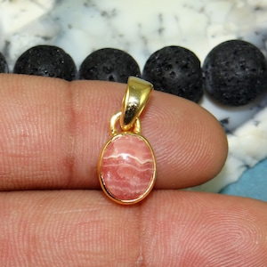 Oval Rhodochrosite Pendant: 18K Gold Plated Brass, Natural Gemstone