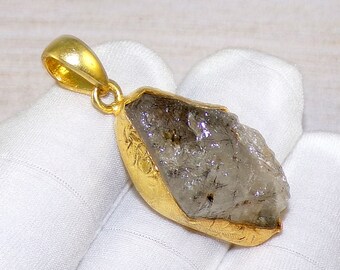 Colgante de piedra preciosa en bruto, colgante de Herkimer natural, colgante de latón, chapado en oro amarillo de 18k, colgante colgante, colgante para mujer, regalo para ella CD62624