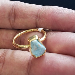 Raw natural LARIMAR Ring in 18K Gold plating Over Brass- handmade Ring ,Sea blue Ring, baby blue Ring- Real Gemstone ring