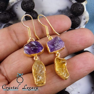 Orecchini con ametista e citrino grezzi, orecchini con pietra portafortuna grezza, orecchini placcati in oro 18 carati, orecchini fatti a mano, orecchini in ottone, regalo di Natale, in offerta