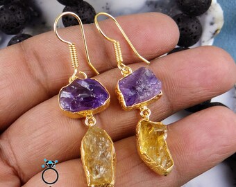 Raw Amethyst Citrine Earring, Raw Birthstone Earring, 18k Gold Plated Earring, Handmade Earring, Brass Earring, Christmas Gift, Sale