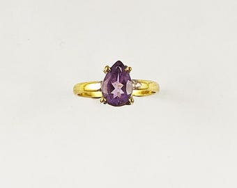 Amethyst Gemstone Ring, Gold Plated Brass Jewelry, With Prong Setting Natural Stone Statement Ring, Boho Style Ring, RGDY02