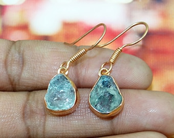 Genuine Aquamarine Earring, Raw Aquamarine Earring, Raw Aquamarine Jewelry, Boho Earring, Rose Gold Plated Earring, For Her, CLY0106
