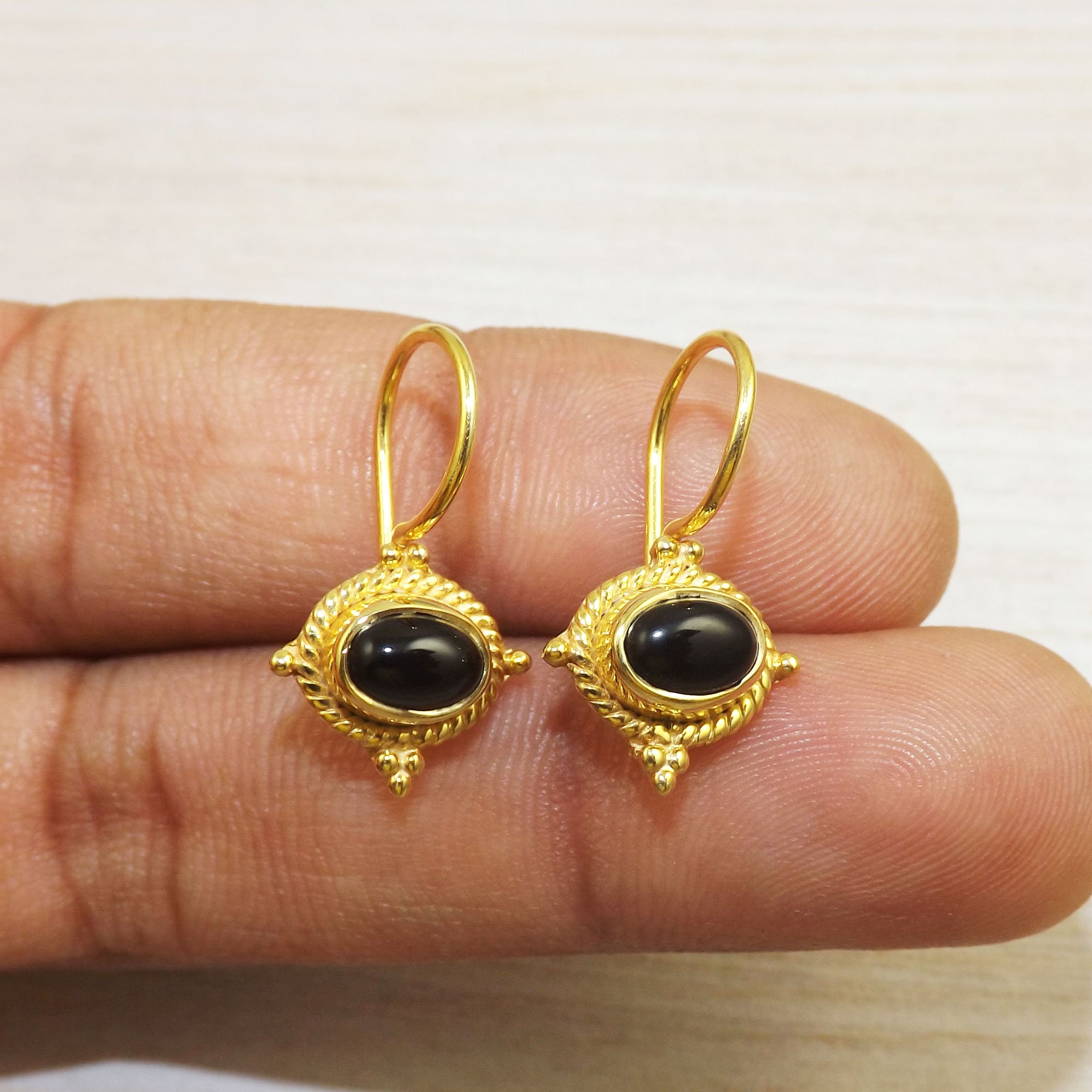 Black Onyx Earring, Gold Plated Brass Stud, Tiny Earring, Black Stone Earrings, Black onyx Earrings, Anniversary Gift, 18K Gold Earring