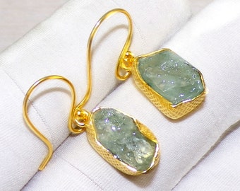 Aquamarine Earrings: Rough Stone, Gold Plated Brass, March Birthstone