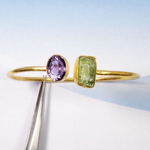 Raw Gree Kyanite Bangle, Amethyst Bangle,  Adjustable Bangle, Brass Bangle, 18K Gold Plated Bangle, Women Bangle, Bracelets, CLX0308