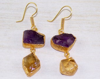Raw Amethyst & Citrine Earrings: 18k Gold Plated Brass, Birthstone Jewelry