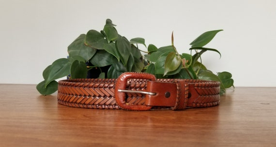 Vintage Brown Leather Woven Belt, Braided Leather