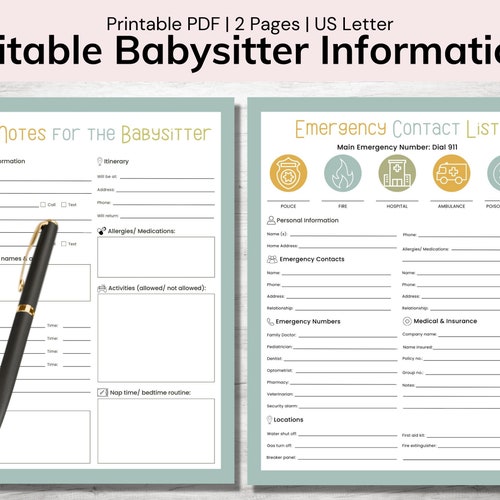 Babysitter Information Sheet Emergency Contact Info Template - Etsy